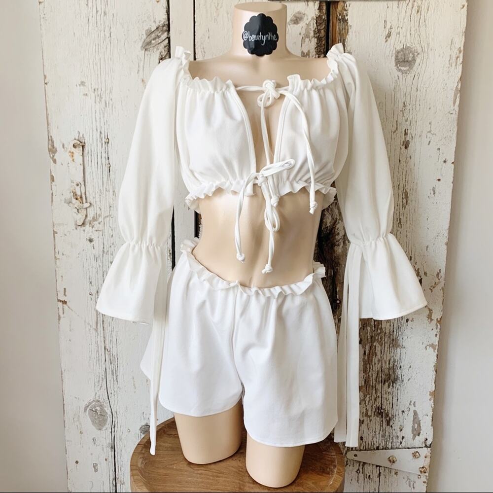 Boohoo Lori WHITE OTS crop top & short set BRIDE Bachelorette honeymoon